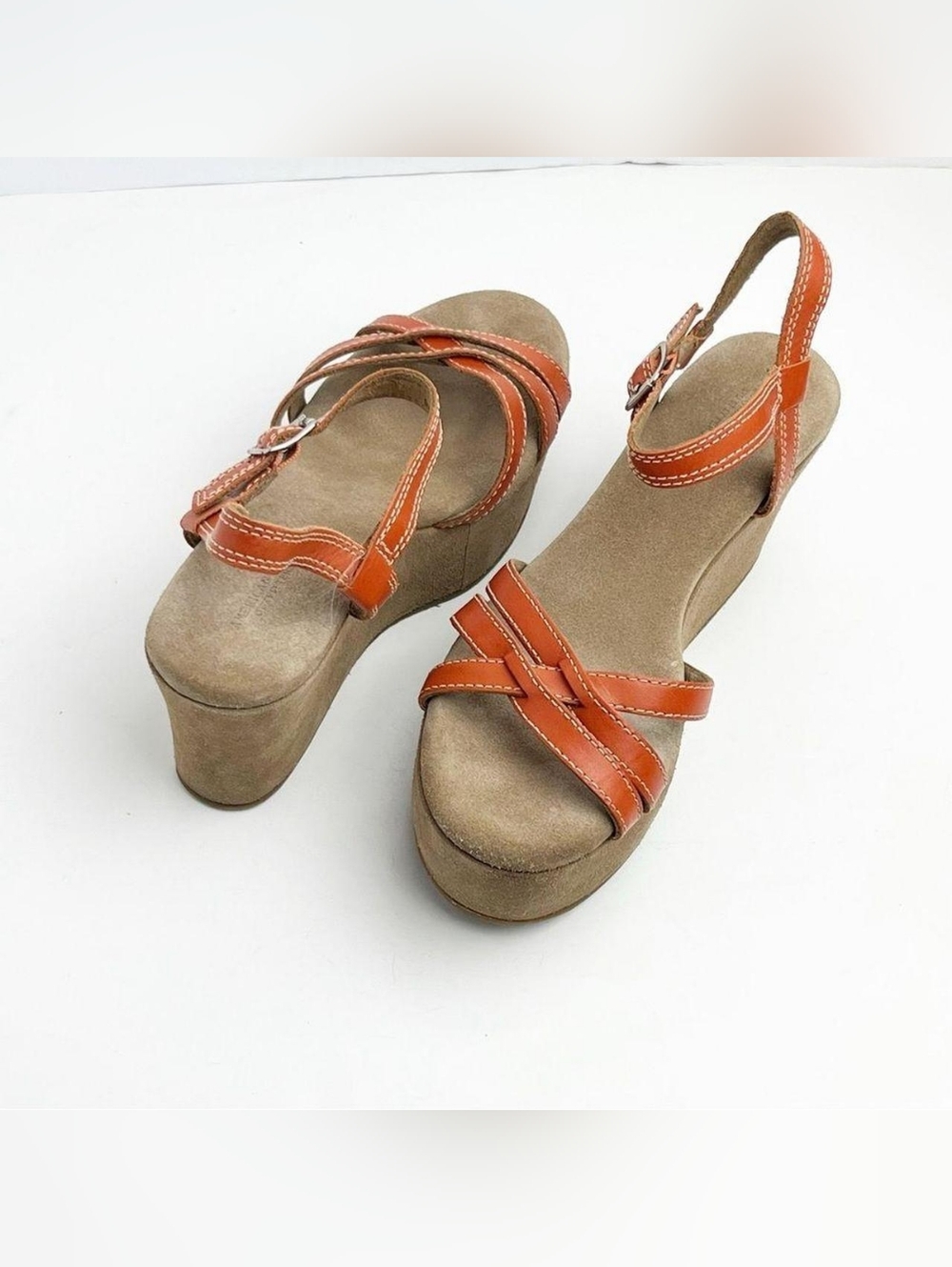 American Eagle Outfitters Orange Leather Ankle Strap Platform Wedge Sandals